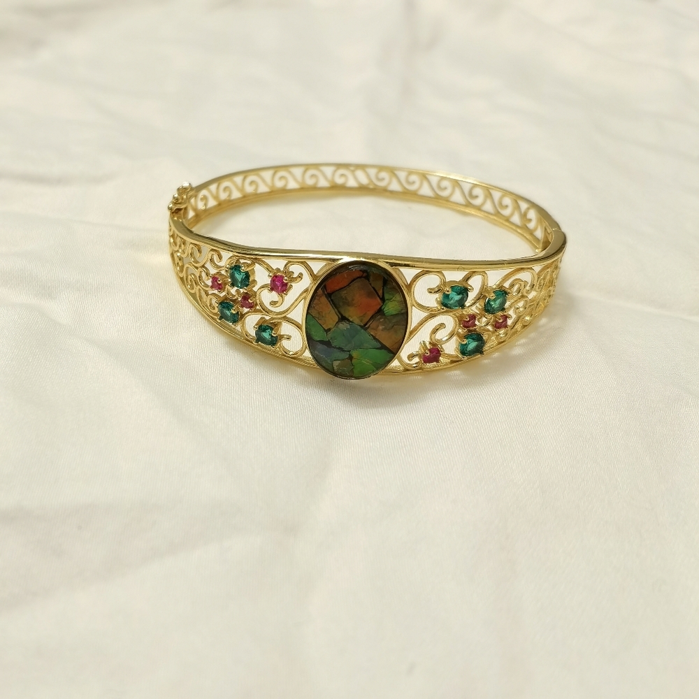 Gold-Tone Filigree Bracelet with Green Mosaic Center and Pink & Teal Accents